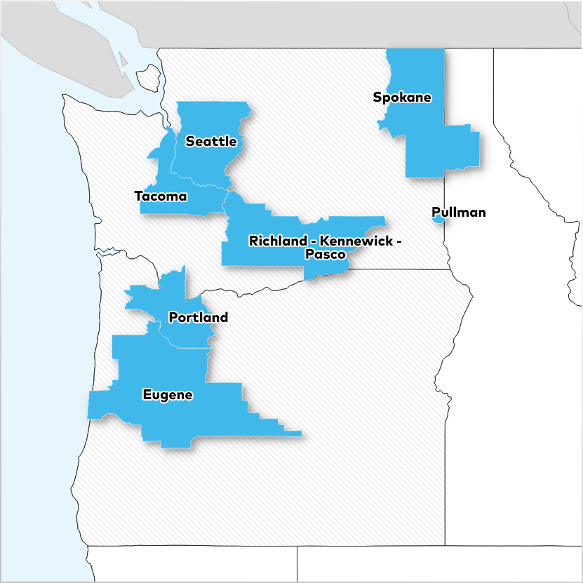 Eugene, Portland, Richland - Kennewick - Pasco, Seattle, Spokane, Tacoma,  and Washington State 